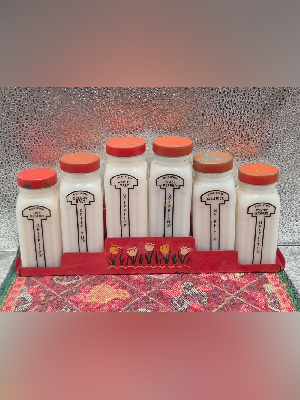 Vintage Retro Milk Glass Spice Jars Set RARE Tulip Farmhouse Red Rack GRIFFITH’S